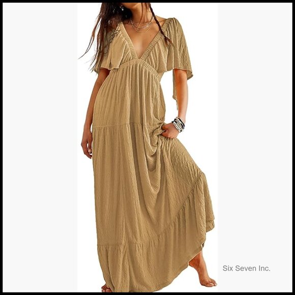 Dresses & Skirts - Polyester Maxi Dress with V-Neck Backless Design and Flutter Sleeves